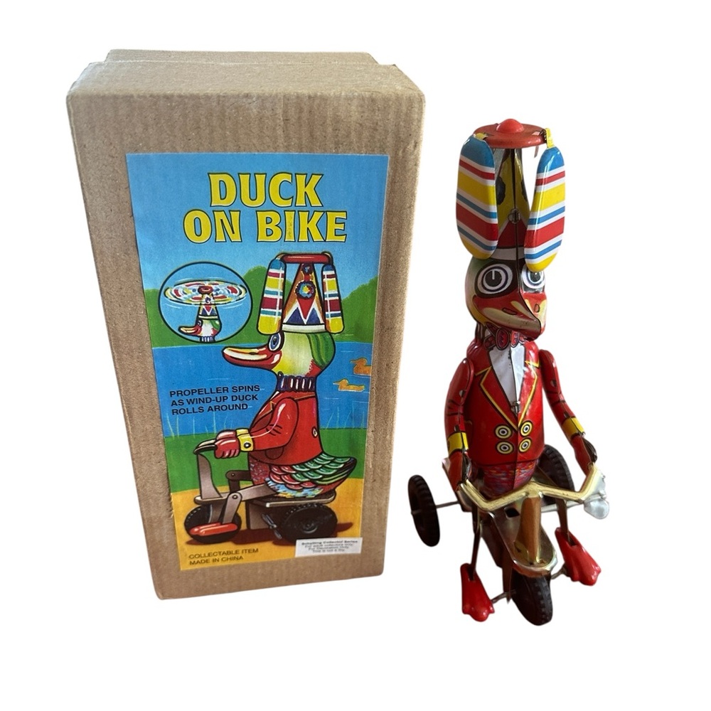 Vintage Schylling Duck on Bike Tin Wind-Up Toy Original Box- Collectible Works